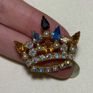 Vintage B David Crown Brooch with Colorful Rhinestones